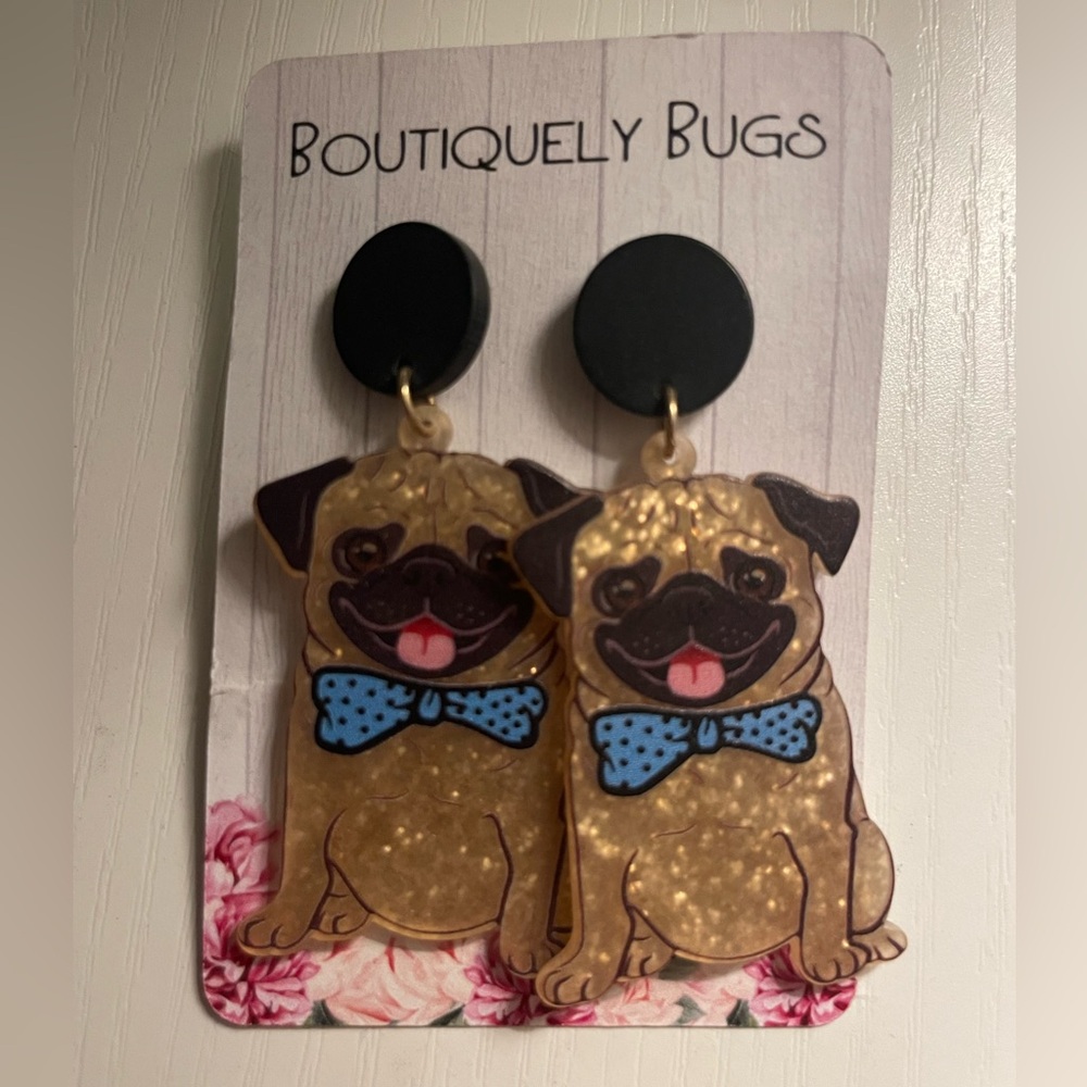 Boutiquely Bugs Pug Earrings - never worn!
